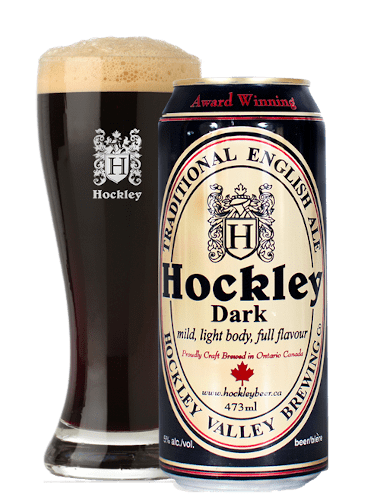 can of hockley dark beer in front of glass with freshly poured dark beer